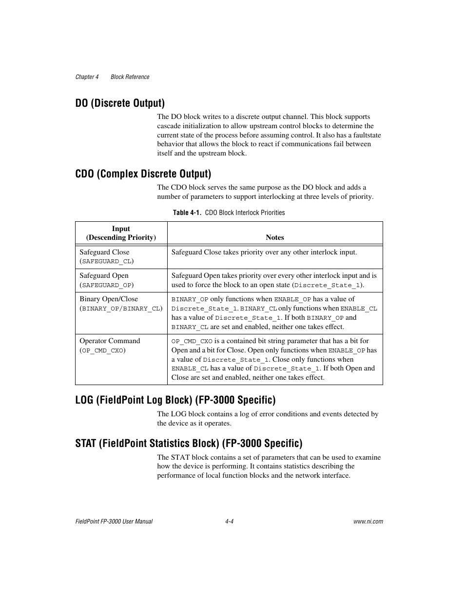 Do (discrete output), Cdo (complex discrete output), Table 4-1. cdo block interlock priorities | Log (fieldpoint log block) (fp-3000 specific) | National Instruments FP-3000 User Manual | Page 56 / 155