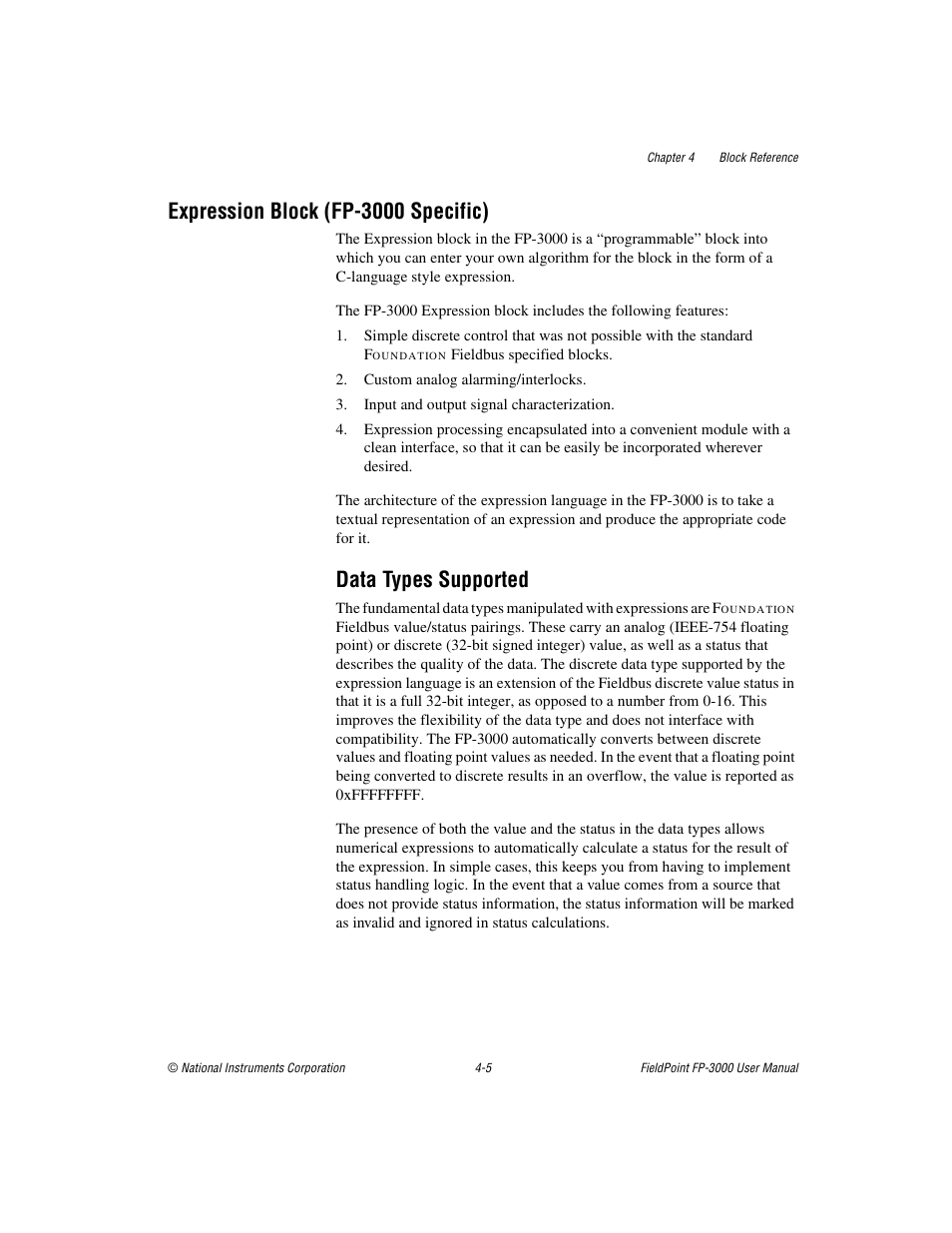 Expression block (fp-3000 specific), Data types supported, Expression block (fp-3000 specific) -5 | Data types supported -5 | National Instruments FP-3000 User Manual | Page 57 / 155