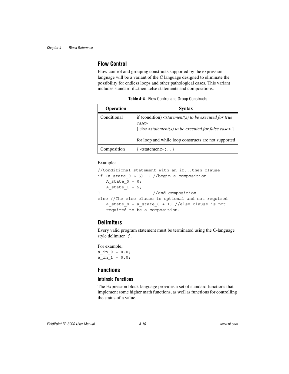 Table 4-4. flow control and group constructs, Flow control, Delimiters | Functions | National Instruments FP-3000 User Manual | Page 62 / 155