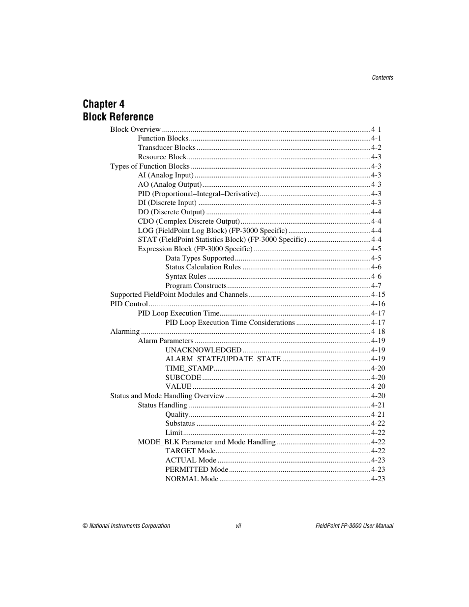 Chapter 4 block reference | National Instruments FP-3000 User Manual | Page 7 / 155