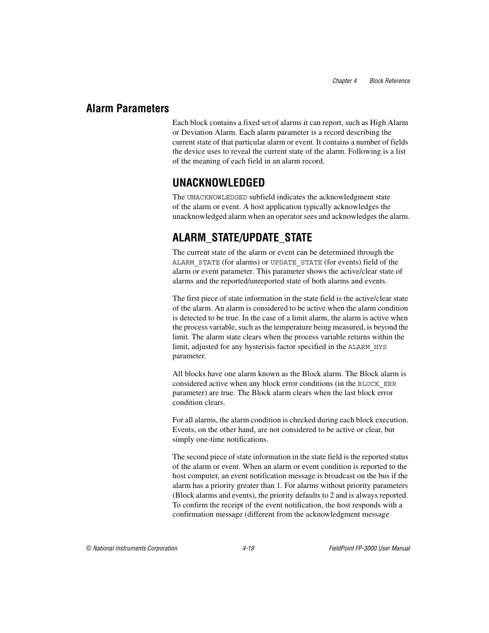 Alarm parameters, Unacknowledged, Alarm_state/update_state | Alarm parameters -19, Unacknowledged -19 alarm_state/update_state -19 | National Instruments FP-3000 User Manual | Page 71 / 155