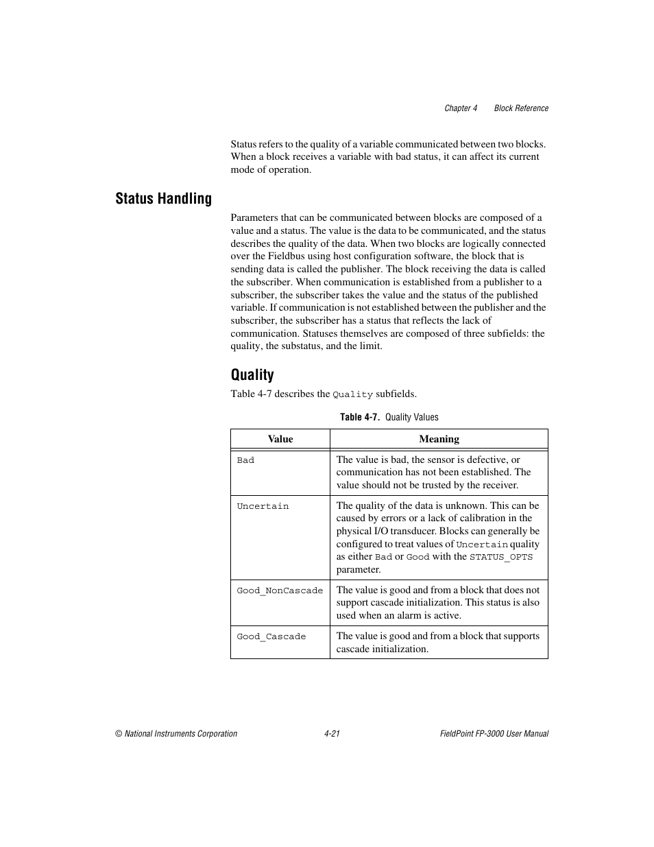 Status handling, Quality, Table 4-7. quality values | Status handling -21, Quality -21 | National Instruments FP-3000 User Manual | Page 73 / 155