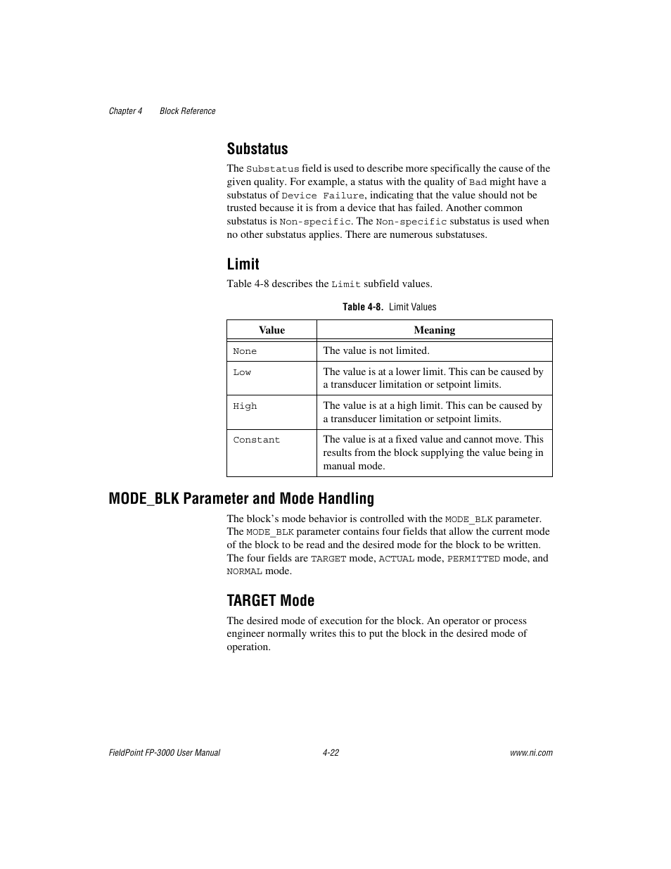 Substatus, Limit, Table 4-8. limit values | Mode_blk parameter and mode handling, Target mode, Substatus -22 limit -22, Mode_blk parameter and mode handling -22, Target mode -22 | National Instruments FP-3000 User Manual | Page 74 / 155