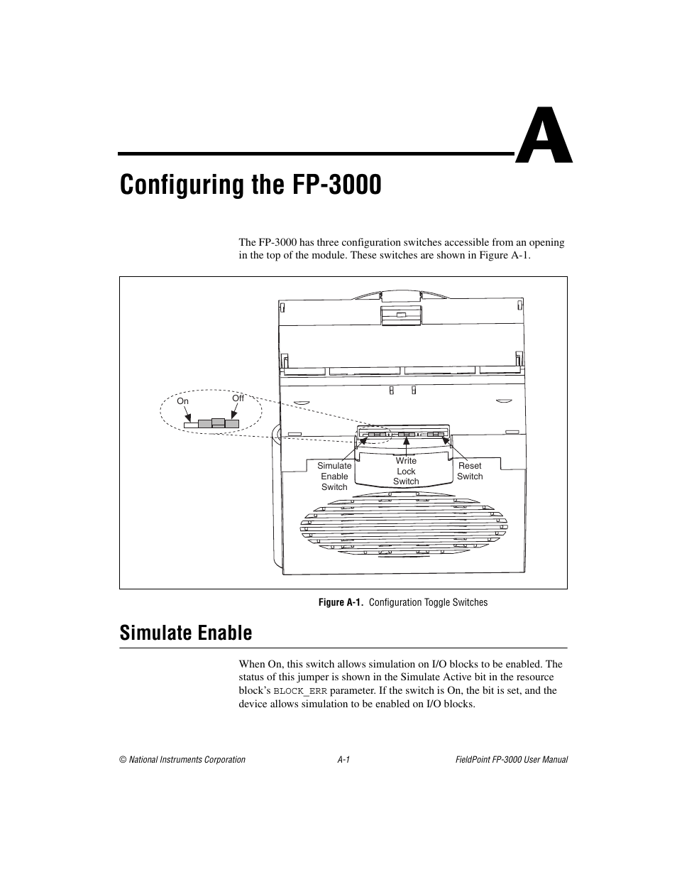 Appendix a configuring the fp-3000, Figure a-1. configuration toggle switches, Simulate enable | Configuring the fp-3000 | National Instruments FP-3000 User Manual | Page 77 / 155