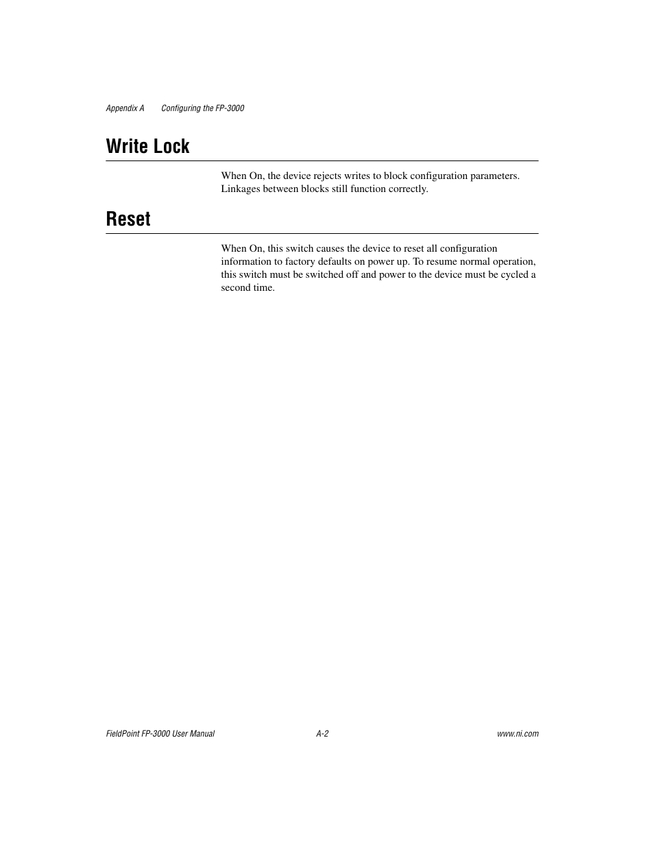 Write lock, Reset | National Instruments FP-3000 User Manual | Page 78 / 155