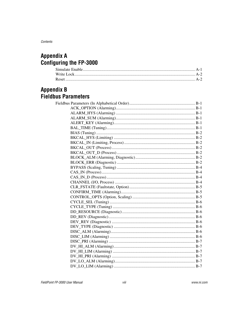 Appendix a configuring the fp-3000, Appendix b fieldbus parameters | National Instruments FP-3000 User Manual | Page 8 / 155