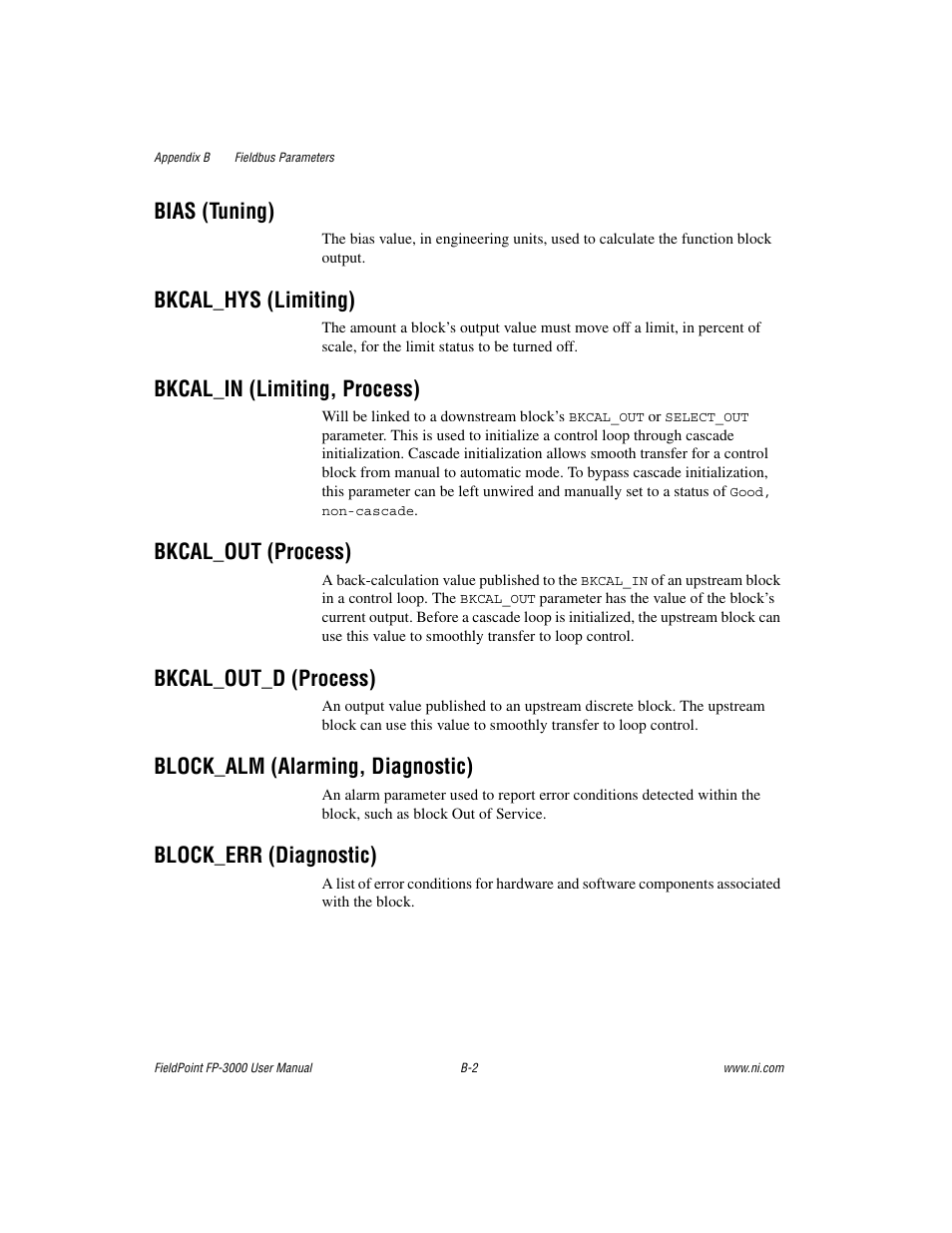 Bias (tuning), Bkcal_hys (limiting), Bkcal_in (limiting, process) | Bkcal_out (process), Bkcal_out_d (process), Block_alm (alarming, diagnostic), Block_err (diagnostic) | National Instruments FP-3000 User Manual | Page 80 / 155