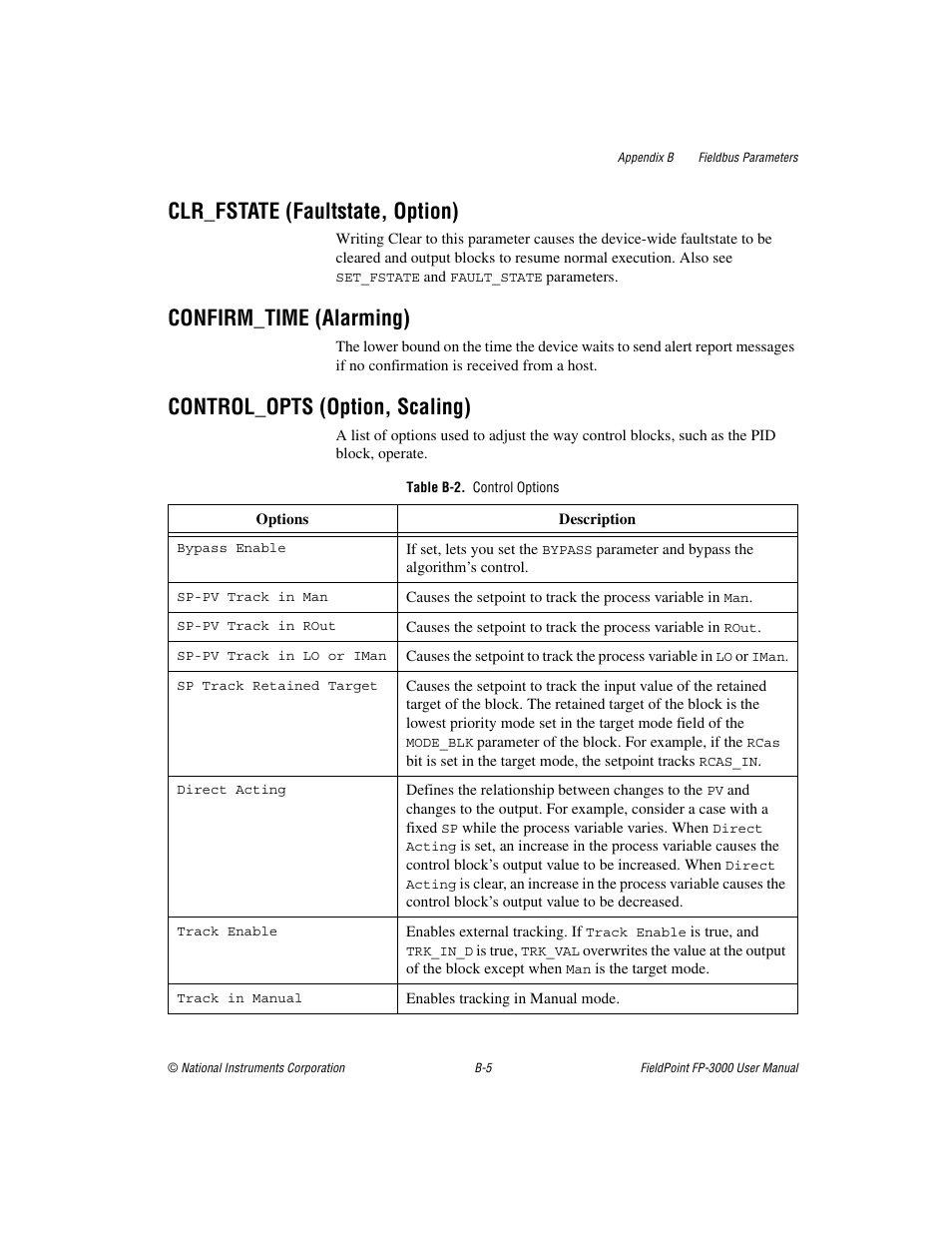 Clr_fstate (faultstate, option), Confirm_time (alarming), Control_opts (option, scaling) | Table b-2. control options | National Instruments FP-3000 User Manual | Page 83 / 155