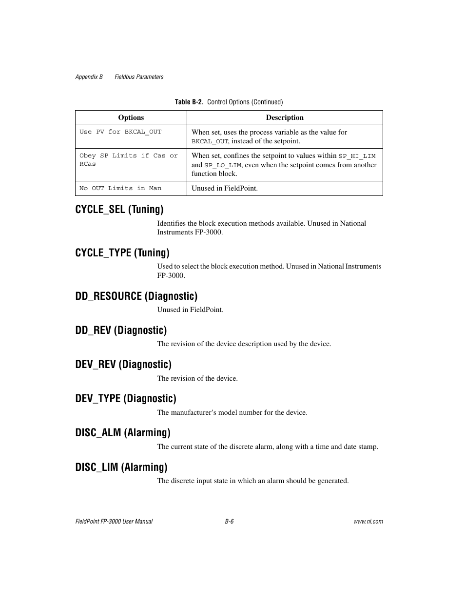 Cycle_sel (tuning), Cycle_type (tuning), Dd_resource (diagnostic) | Dd_rev (diagnostic), Dev_rev (diagnostic), Dev_type (diagnostic), Disc_alm (alarming), Disc_lim (alarming) | National Instruments FP-3000 User Manual | Page 84 / 155