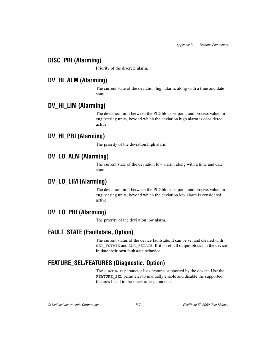 Disc_pri (alarming), Dv_hi_alm (alarming), Dv_hi_lim (alarming) | Dv_hi_pri (alarming), Dv_lo_alm (alarming), Dv_lo_lim (alarming), Dv_lo_pri (alarming), Fault_state (faultstate, option), Feature_sel/features (diagnostic, option) | National Instruments FP-3000 User Manual | Page 85 / 155