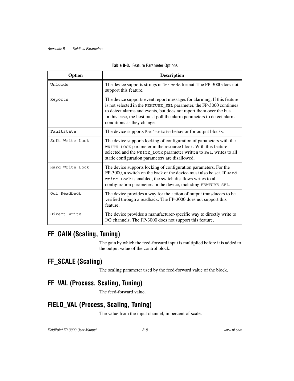 Table b-3. feature parameter options, Ff_gain (scaling, tuning), Ff_scale (scaling) | Ff_val (process, scaling, tuning), Field_val (process, scaling, tuning) | National Instruments FP-3000 User Manual | Page 86 / 155