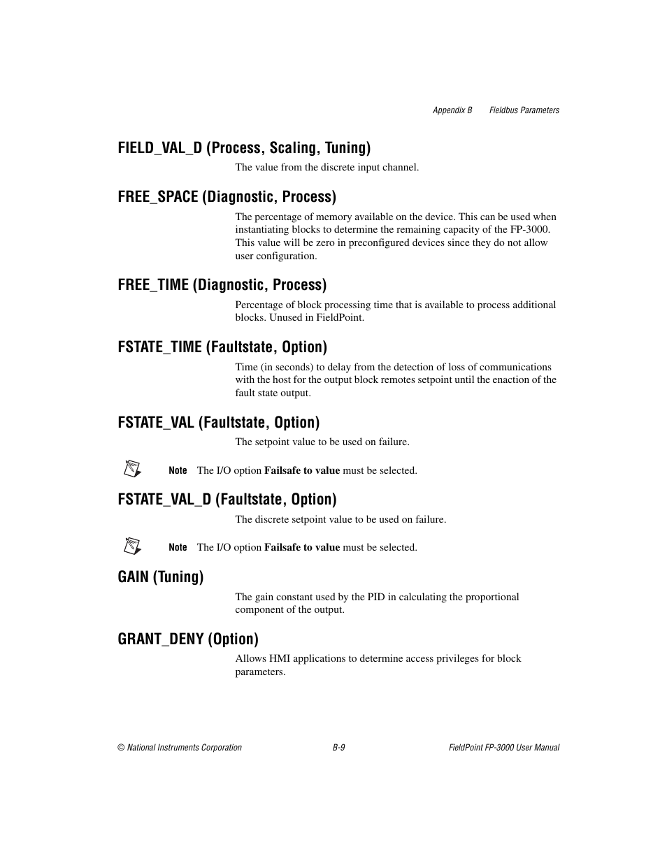 Field_val_d (process, scaling, tuning), Free_space (diagnostic, process), Free_time (diagnostic, process) | Fstate_time (faultstate, option), Fstate_val (faultstate, option), Fstate_val_d (faultstate, option), Gain (tuning), Grant_deny (option) | National Instruments FP-3000 User Manual | Page 87 / 155