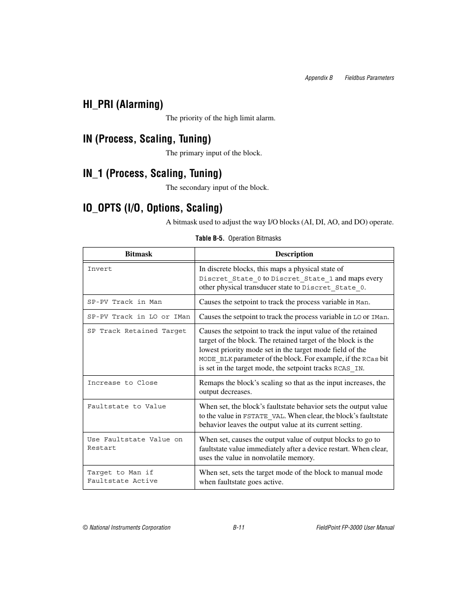 Hi_pri (alarming), In (process, scaling, tuning), In_1 (process, scaling, tuning) | Io_opts (i/o, options, scaling), Table b-5. operation bitmasks | National Instruments FP-3000 User Manual | Page 89 / 155