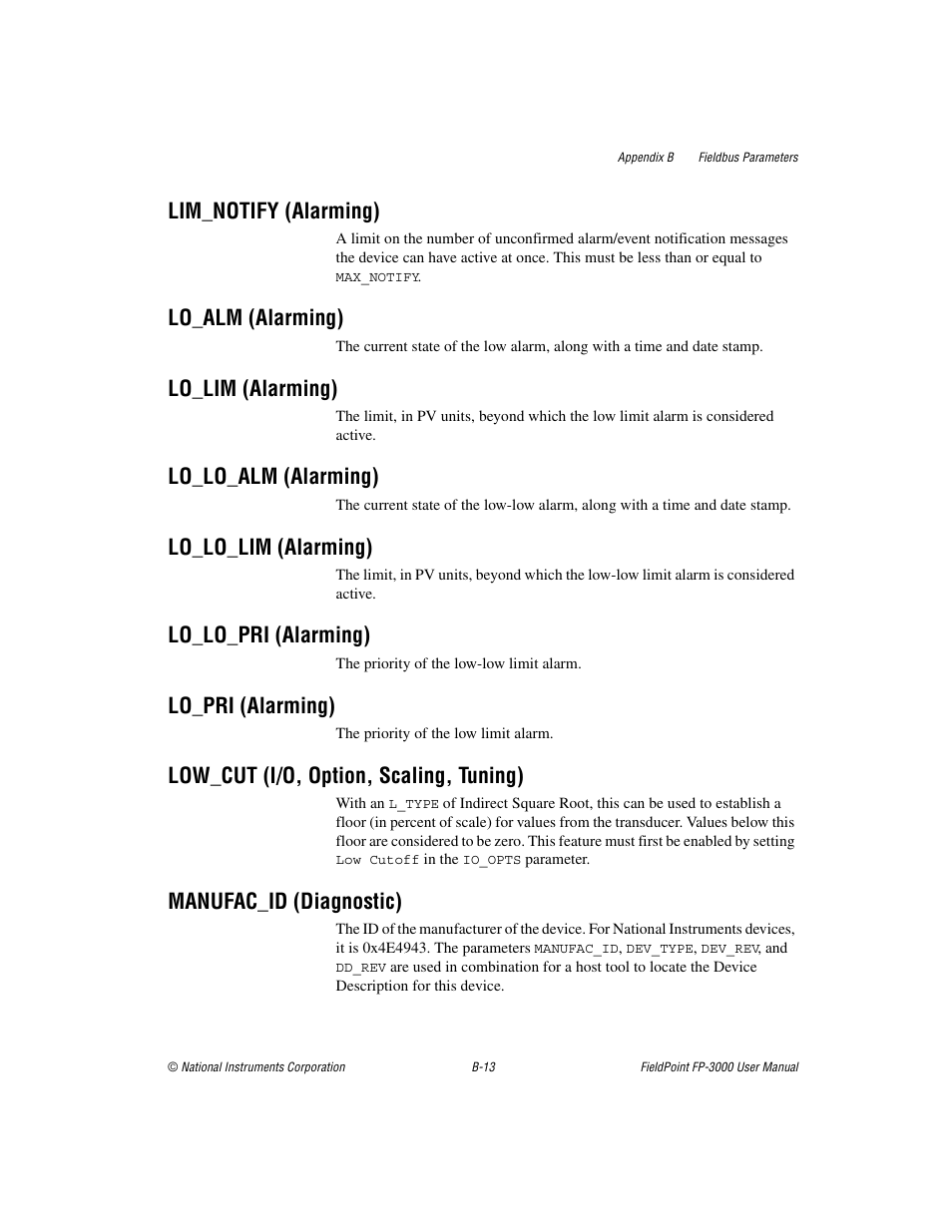 Lim_notify (alarming), Lo_alm (alarming), Lo_lim (alarming) | Lo_lo_alm (alarming), Lo_lo_lim (alarming), Lo_lo_pri (alarming), Lo_pri (alarming), Low_cut (i/o, option, scaling, tuning), Manufac_id (diagnostic) | National Instruments FP-3000 User Manual | Page 91 / 155