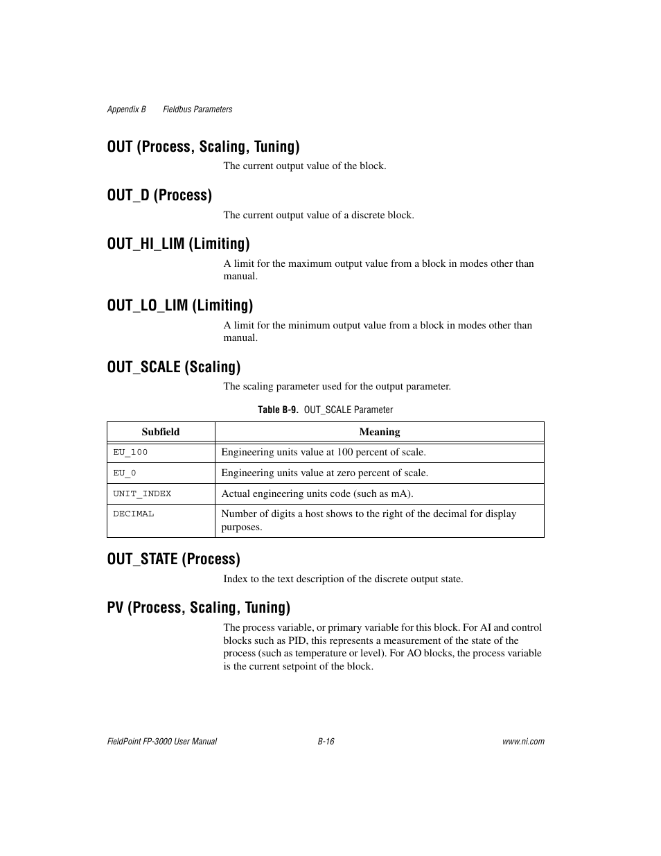 Out (process, scaling, tuning), Out_d (process), Out_hi_lim (limiting) | Out_lo_lim (limiting), Out_scale (scaling), Table b-9. out_scale parameter, Out_state (process), Pv (process, scaling, tuning) | National Instruments FP-3000 User Manual | Page 94 / 155
