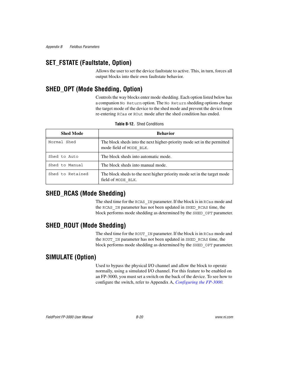 Set_fstate (faultstate, option), Shed_opt (mode shedding, option), Table b-12. shed conditions | Shed_rcas (mode shedding), Shed_rout (mode shedding), Simulate (option) | National Instruments FP-3000 User Manual | Page 98 / 155