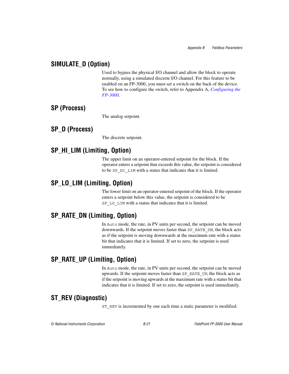 Simulate_d (option), Sp (process), Sp_d (process) | Sp_hi_lim (limiting, option), Sp_lo_lim (limiting, option), Sp_rate_dn (limiting, option), Sp_rate_up (limiting, option), St_rev (diagnostic) | National Instruments FP-3000 User Manual | Page 99 / 155