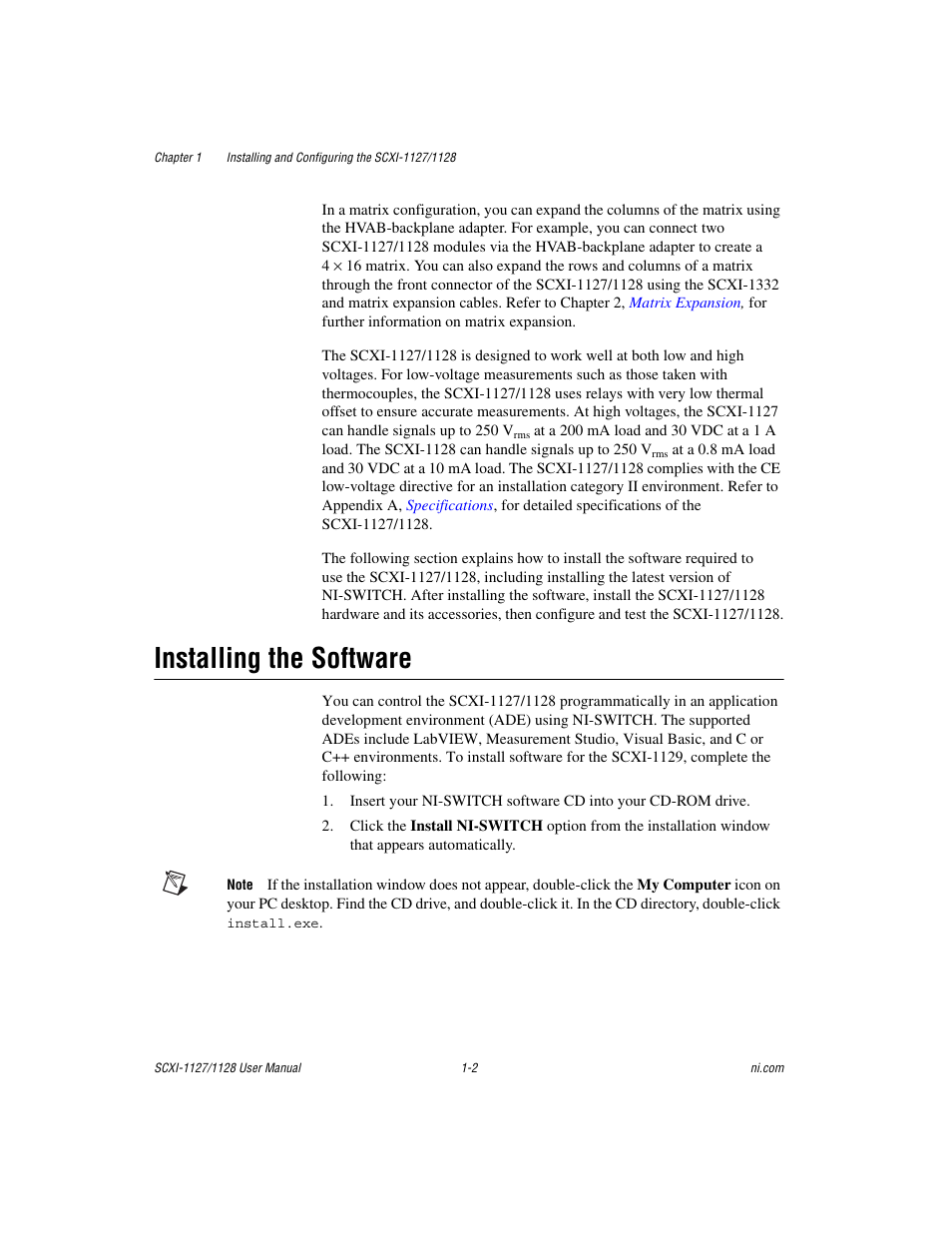 Installing the software, Installing the software -2 | National Instruments SCXI-1127 User Manual | Page 12 / 97