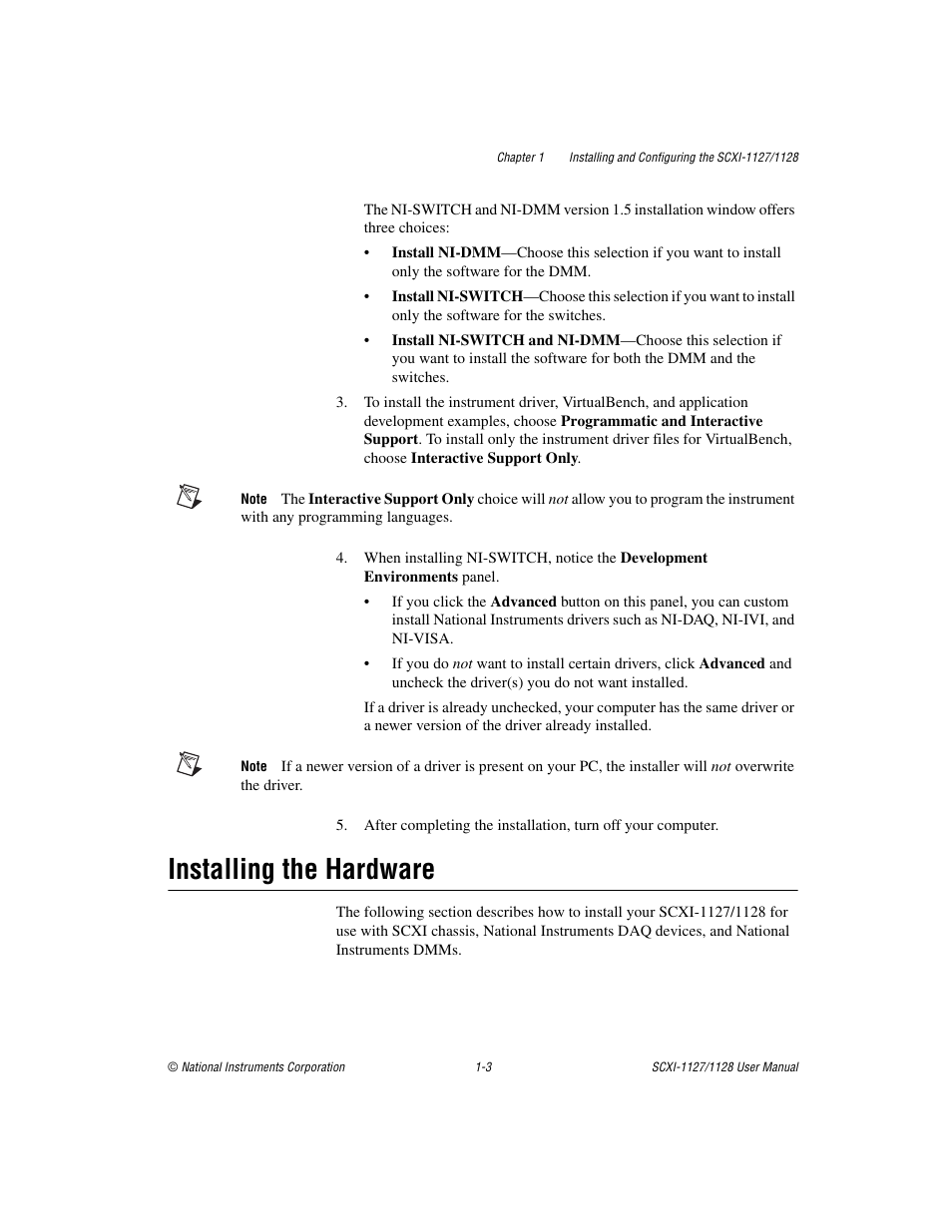 Installing the hardware, Installing the hardware -3 | National Instruments SCXI-1127 User Manual | Page 13 / 97