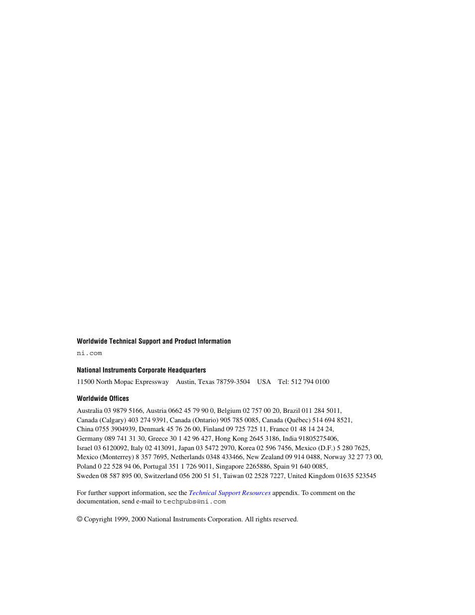 Support, National instruments corporate headquarters, Worldwide offices | National Instruments SCXI-1127 User Manual | Page 2 / 97