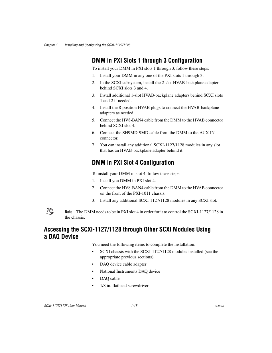 Dmm in pxi slots 1 through 3 configuration, Dmm in pxi slot 4 configuration, A daq device -18 | National Instruments SCXI-1127 User Manual | Page 28 / 97