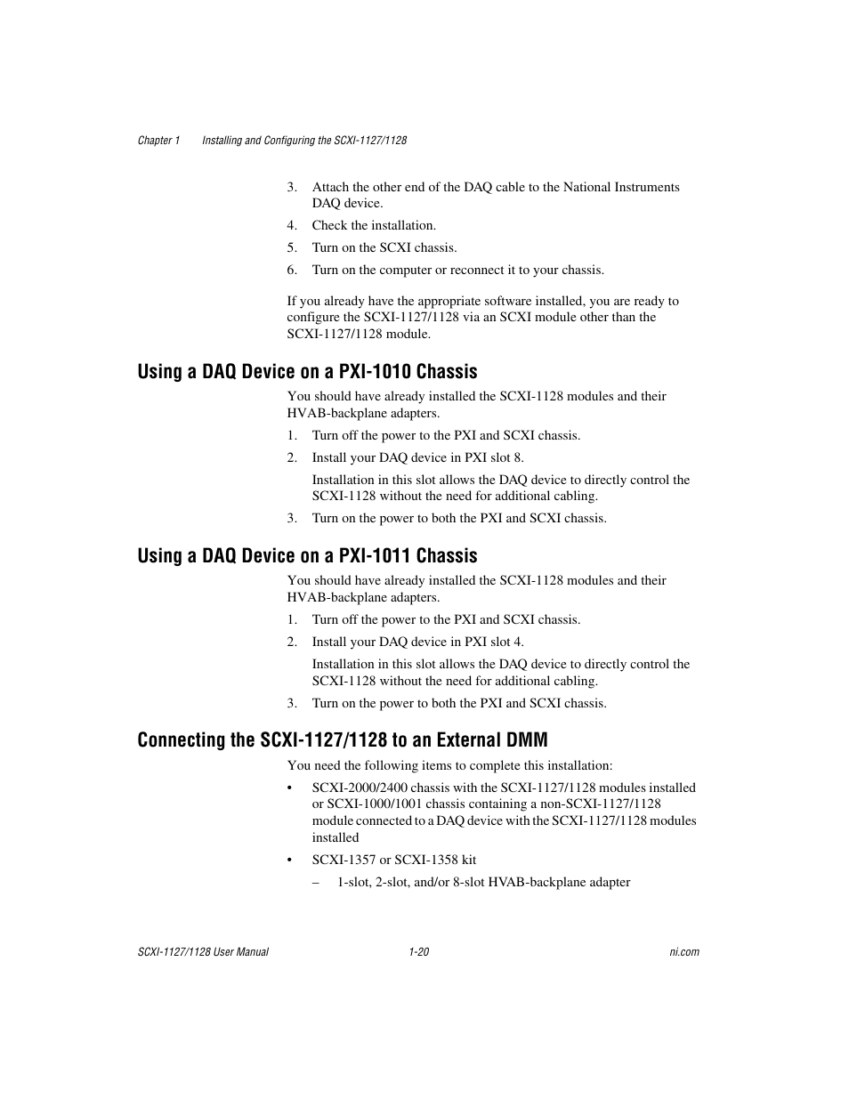 Using a daq device on a pxi-1010 chassis, Using a daq device on a pxi-1011 chassis, Connecting the scxi-1127/1128 to an external dmm | National Instruments SCXI-1127 User Manual | Page 30 / 97