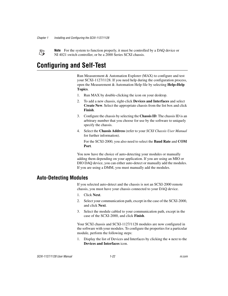 Configuring and self-test, Auto-detecting modules, Configuring and self-test -22 | Auto-detecting modules -22 | National Instruments SCXI-1127 User Manual | Page 32 / 97