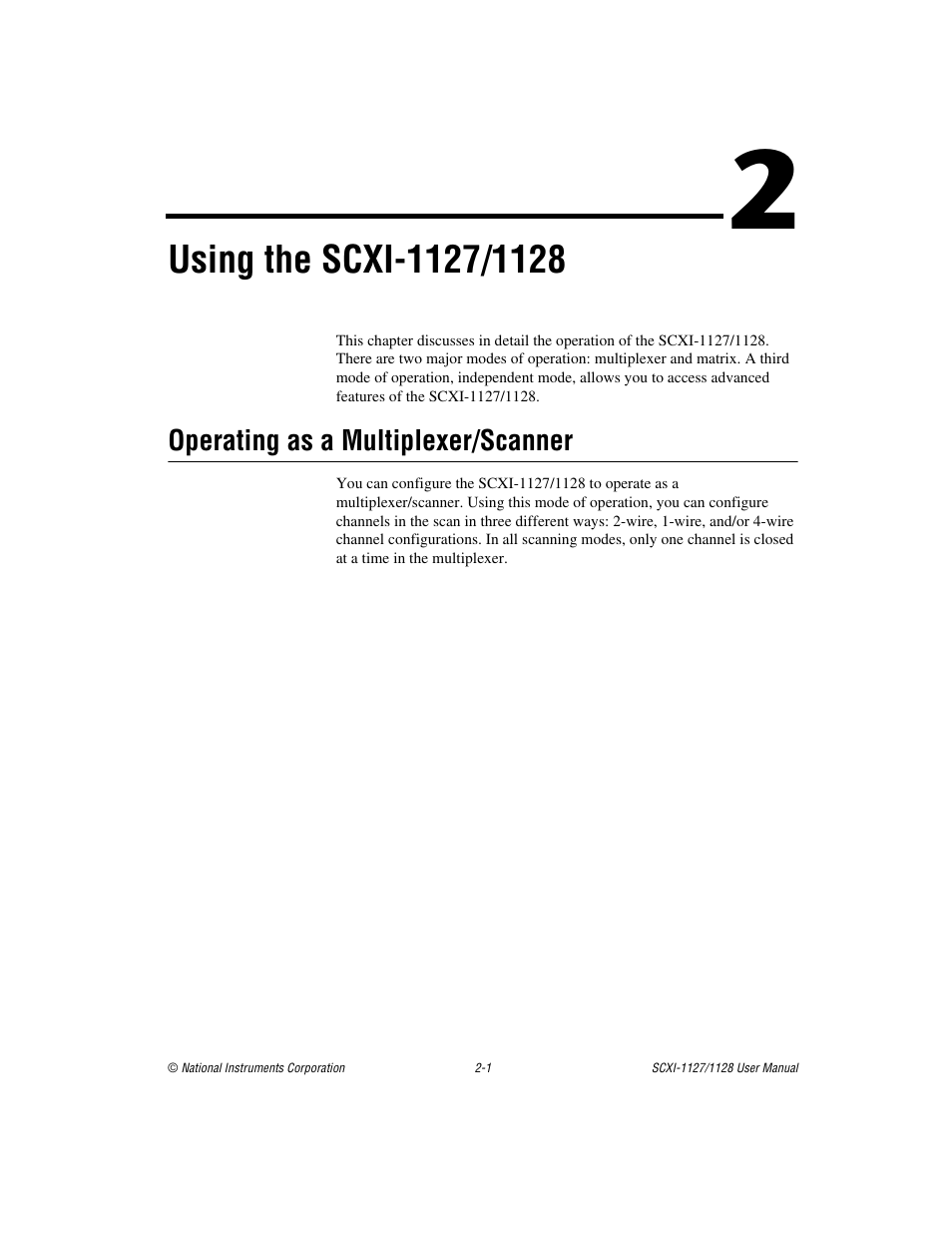 Chapter 2 using the scxi-1127/1128, Operating as a multiplexer/scanner, Operating as a multiplexer/scanner -1 | National Instruments SCXI-1127 User Manual | Page 36 / 97