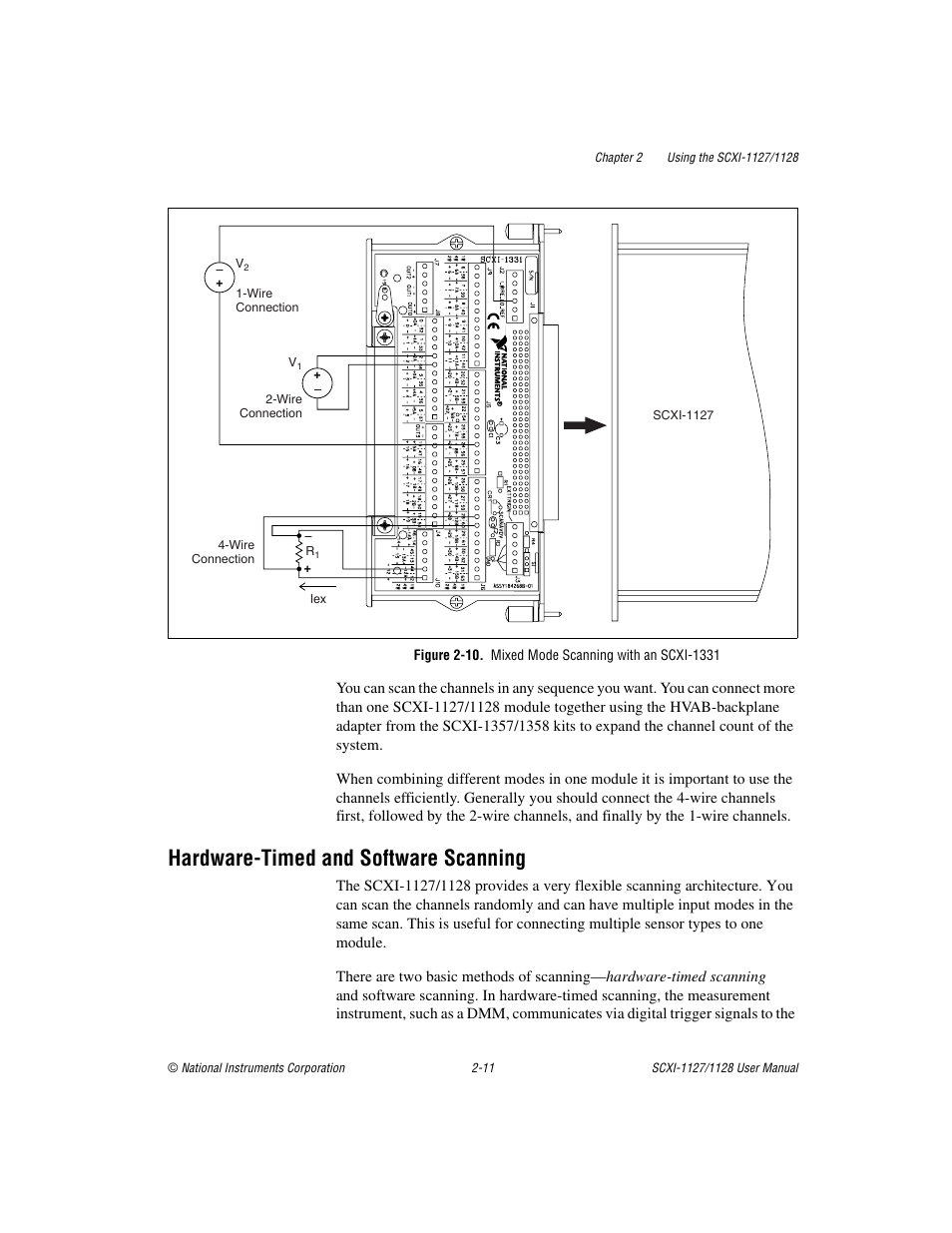 Hardware-timed and software scanning, Figure 2-10. mixed mode scanning with an scxi-1331, Hardware-timed and software scanning -11 | Figure 2-10, Mixed mode scanning with an scxi-1331 -11, T the | National Instruments SCXI-1127 User Manual | Page 46 / 97