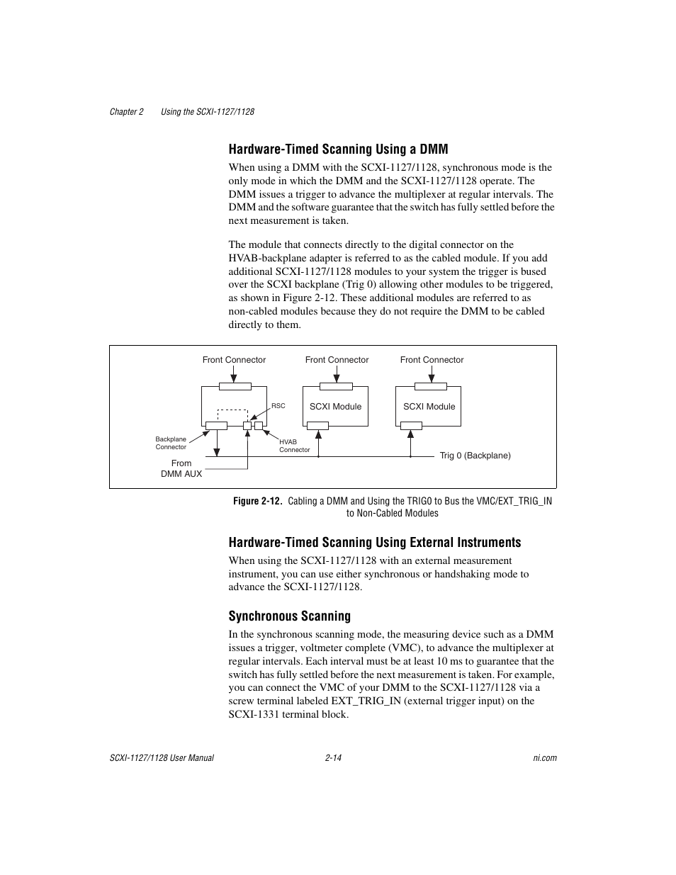 Figure 2-12, Hardware-timed scanning using a dmm, Hardware-timed scanning using external instruments | Synchronous scanning | National Instruments SCXI-1127 User Manual | Page 49 / 97