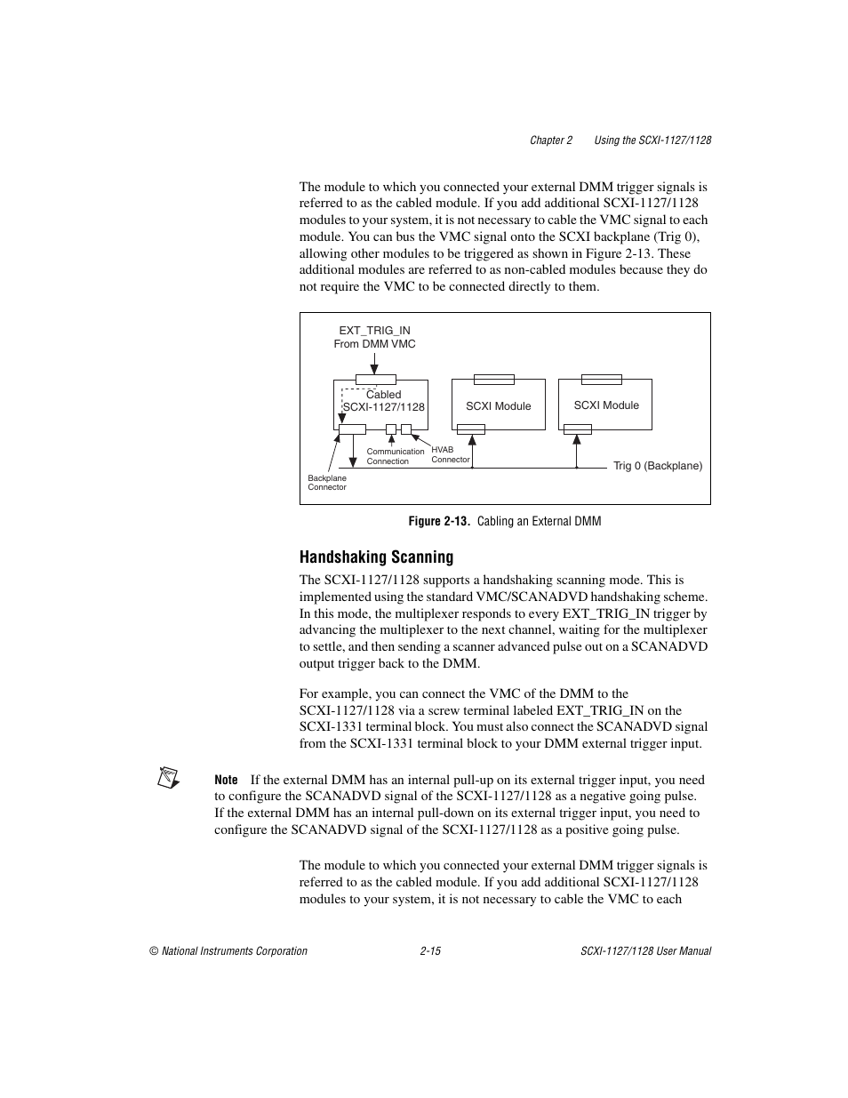 Figure 2-13. cabling an external dmm, Handshaking scanning -15, Figure 2-13 | Cabling an external dmm -15, Handshaking scanning | National Instruments SCXI-1127 User Manual | Page 50 / 97