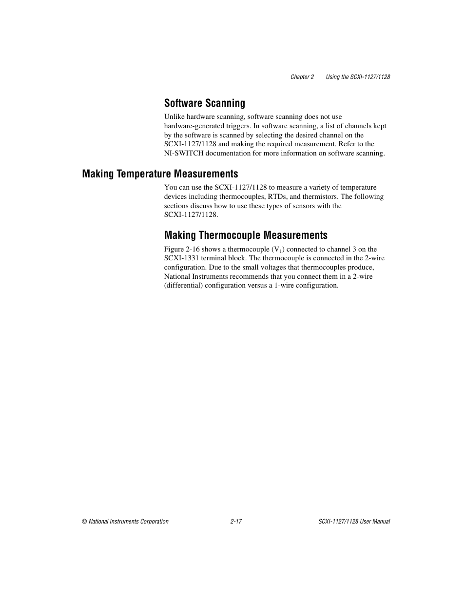 Software scanning, Making temperature measurements, Making thermocouple measurements | Software scanning -17, Making temperature measurements -17, Making thermocouple measurements -17, Sect | National Instruments SCXI-1127 User Manual | Page 52 / 97