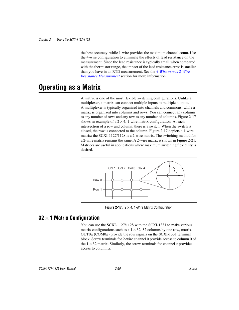 Operating as a matrix, 32 x 1 matrix configuration, Figure 2-17. 2 x 4, 1-wire matrix configuration | Operating as a matrix -20, 1 matrix configuration -20, Figure 2-17, 4, 1-wire matrix configuration -20 | National Instruments SCXI-1127 User Manual | Page 55 / 97