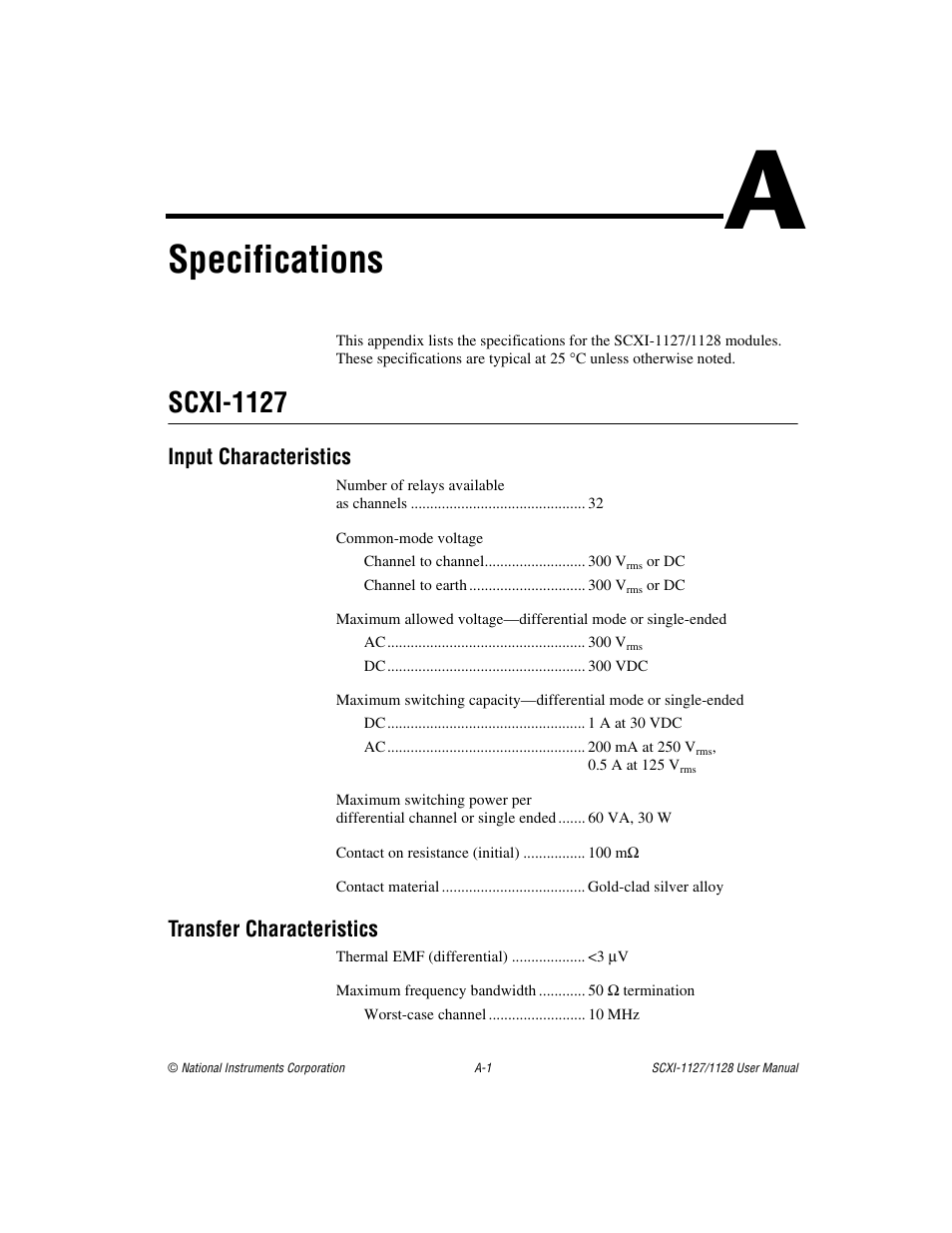 Appendix a specifications, Specifications, Scxi-1127 | National Instruments SCXI-1127 User Manual | Page 66 / 97