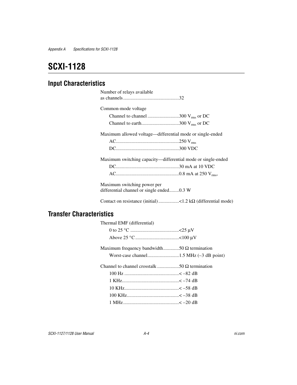 Scxi-1128, Input characteristics, Transfer characteristics | National Instruments SCXI-1127 User Manual | Page 69 / 97