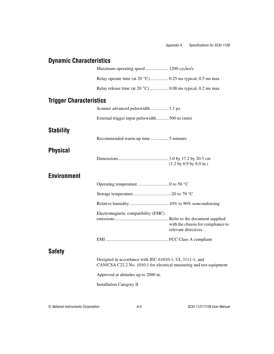 Dynamic characteristics, Trigger characteristics, Stability | Physical, Environment, Safety | National Instruments SCXI-1127 User Manual | Page 70 / 97