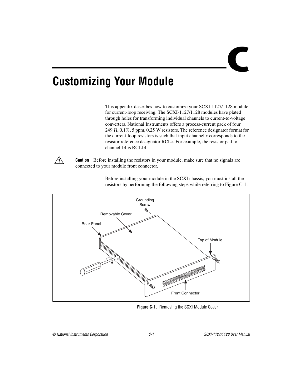 Appendix c customizing your module, Figure c-1. removing the scxi module cover, Figure c-1 | Customizing your module | National Instruments SCXI-1127 User Manual | Page 74 / 97