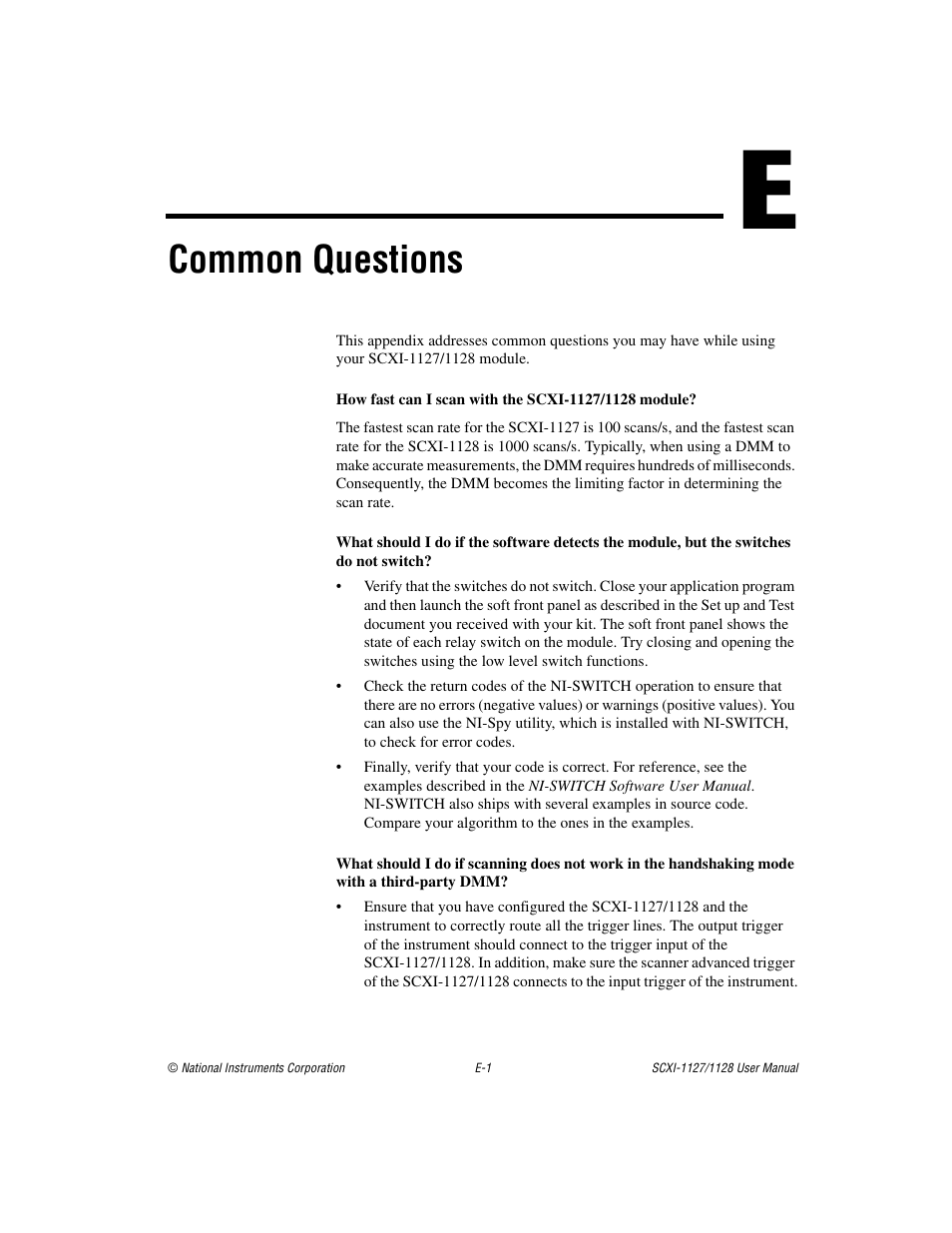Appendix e common questions, Common questions | National Instruments SCXI-1127 User Manual | Page 82 / 97