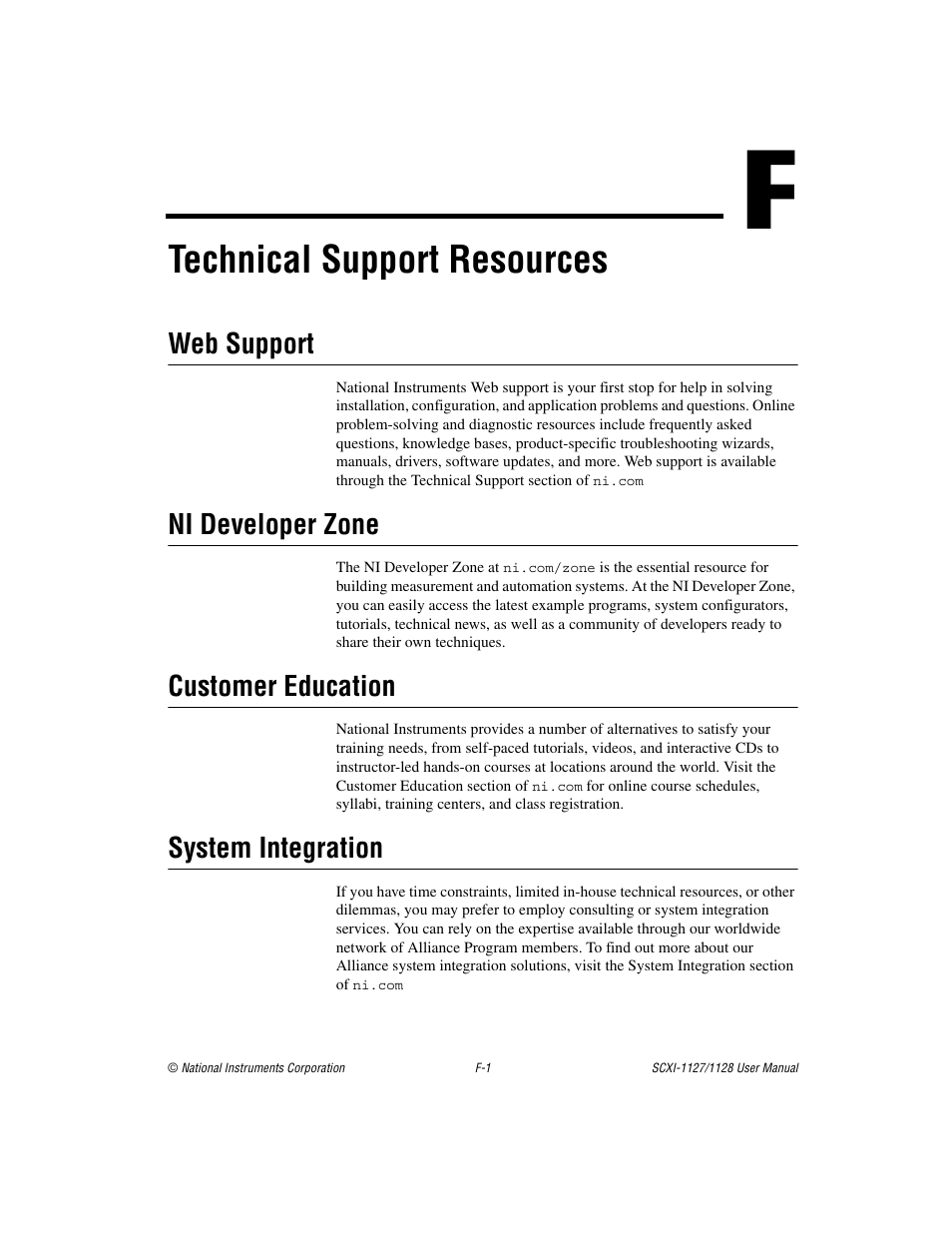 Appendix f technical support resources, Technical support resources, Web support | Ni developer zone, Customer education, System integration | National Instruments SCXI-1127 User Manual | Page 85 / 97