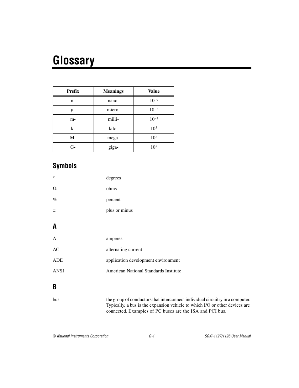 Glossary, Symbols | National Instruments SCXI-1127 User Manual | Page 87 / 97