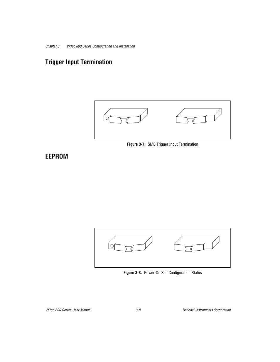 Trigger input termination, Eeprom, Figure 3-7. smb trigger input termination | Figure 3-8. power-on self configuration status | National Instruments 800 Series User Manual | Page 32 / 104