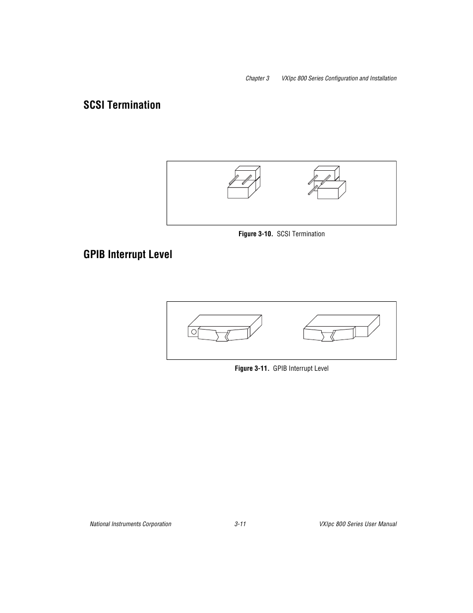 Scsi termination, Gpib interrupt level, Figure 3-10. scsi termination | Figure 3-11. gpib interrupt level | National Instruments 800 Series User Manual | Page 35 / 104