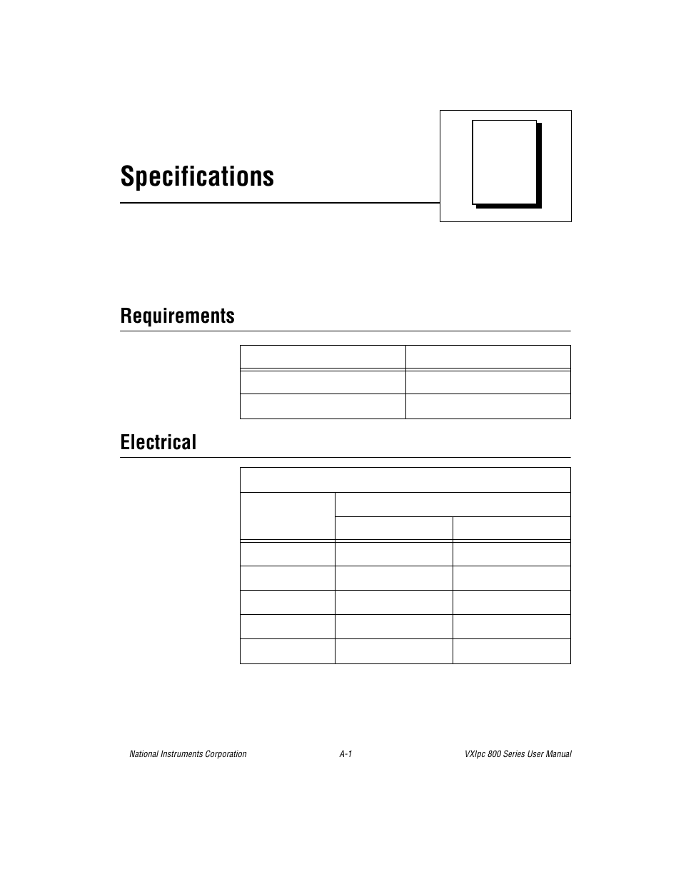 Appendix a specifications, Specifications, Requirements electrical | National Instruments 800 Series User Manual | Page 40 / 104