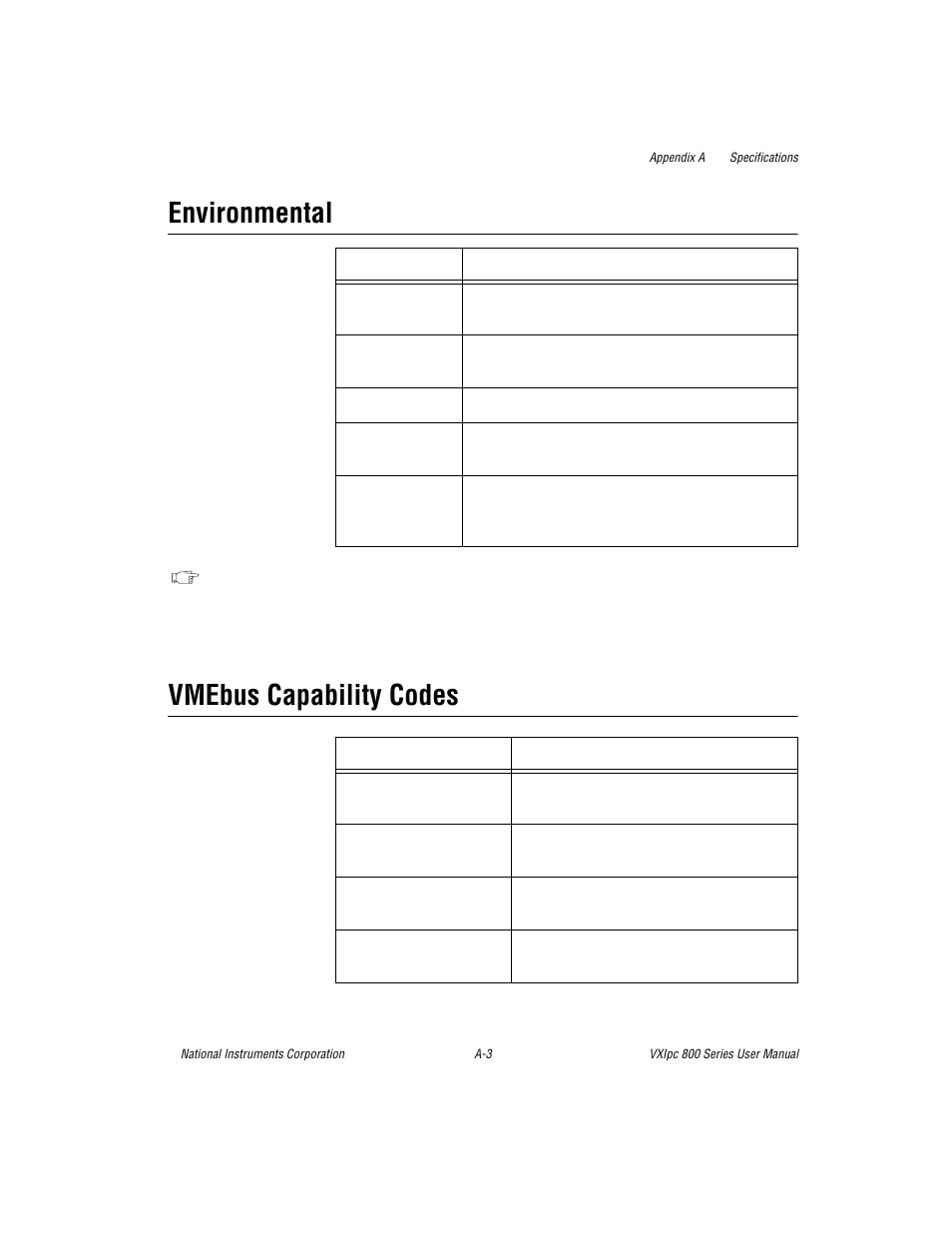 Environmental, Vmebus capability codes | National Instruments 800 Series User Manual | Page 42 / 104