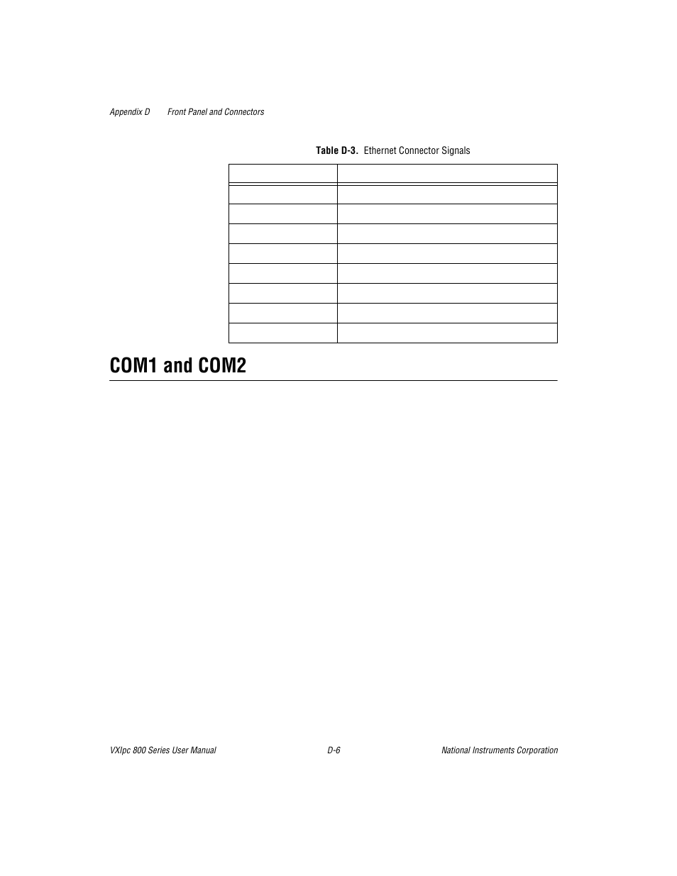 Table d-3. ethernet connector signals, Com1 and com2 | National Instruments 800 Series User Manual | Page 57 / 104