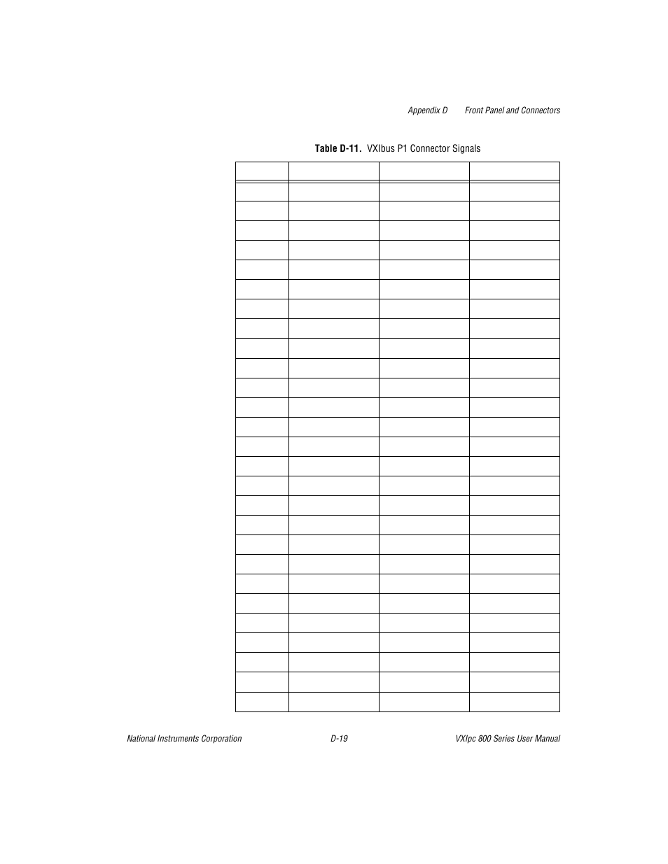 Table d-11. vxibus p1 connector signals | National Instruments 800 Series User Manual | Page 70 / 104