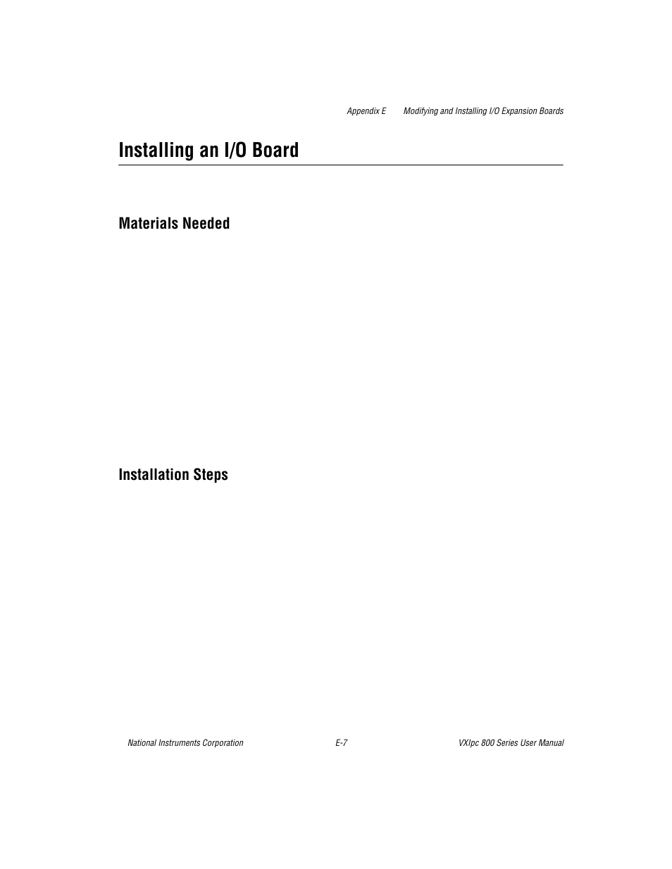 Installing an i/o board, Materials needed, Installation steps | National Instruments 800 Series User Manual | Page 78 / 104