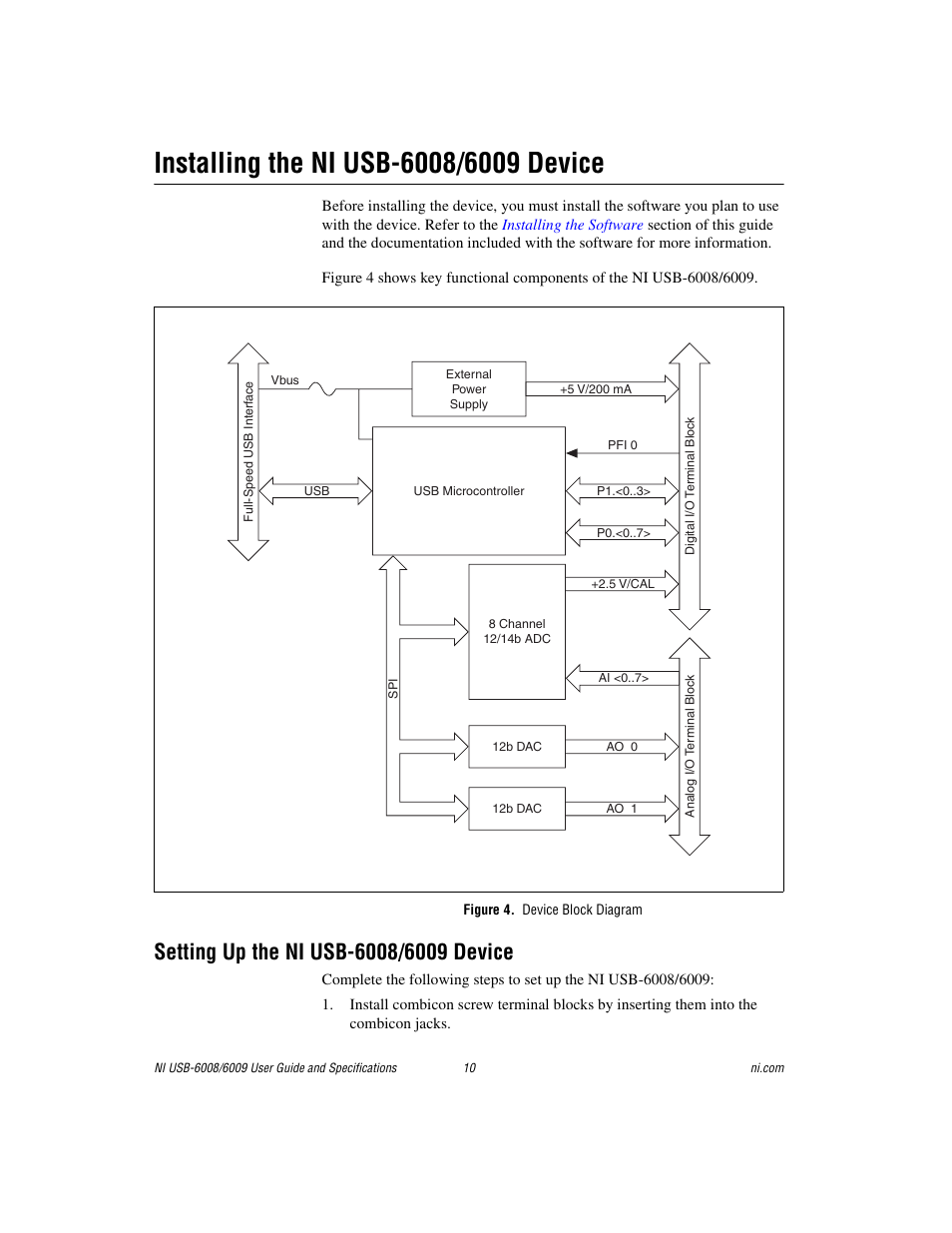 Installing the ni usb-6008/6009 device, Figure 4. device block diagram, Setting up the ni usb-6008/6009 device | National Instruments NI USB-6008/6009 User Manual | Page 10 / 32