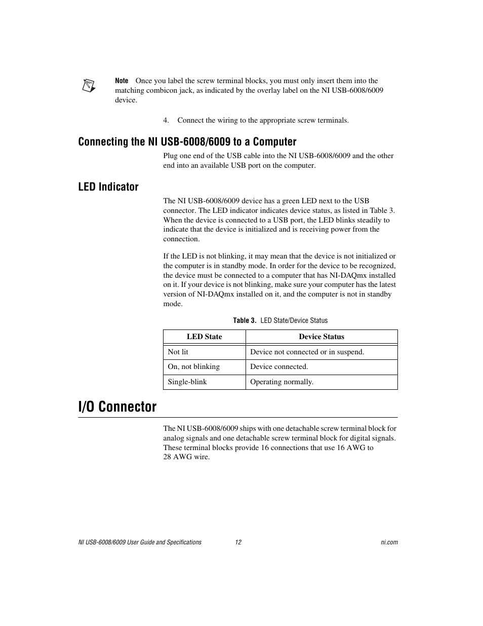Connecting the ni usb-6008/6009 to a computer, Led indicator, Table 3. led state/device status | I/o connector | National Instruments NI USB-6008/6009 User Manual | Page 12 / 32