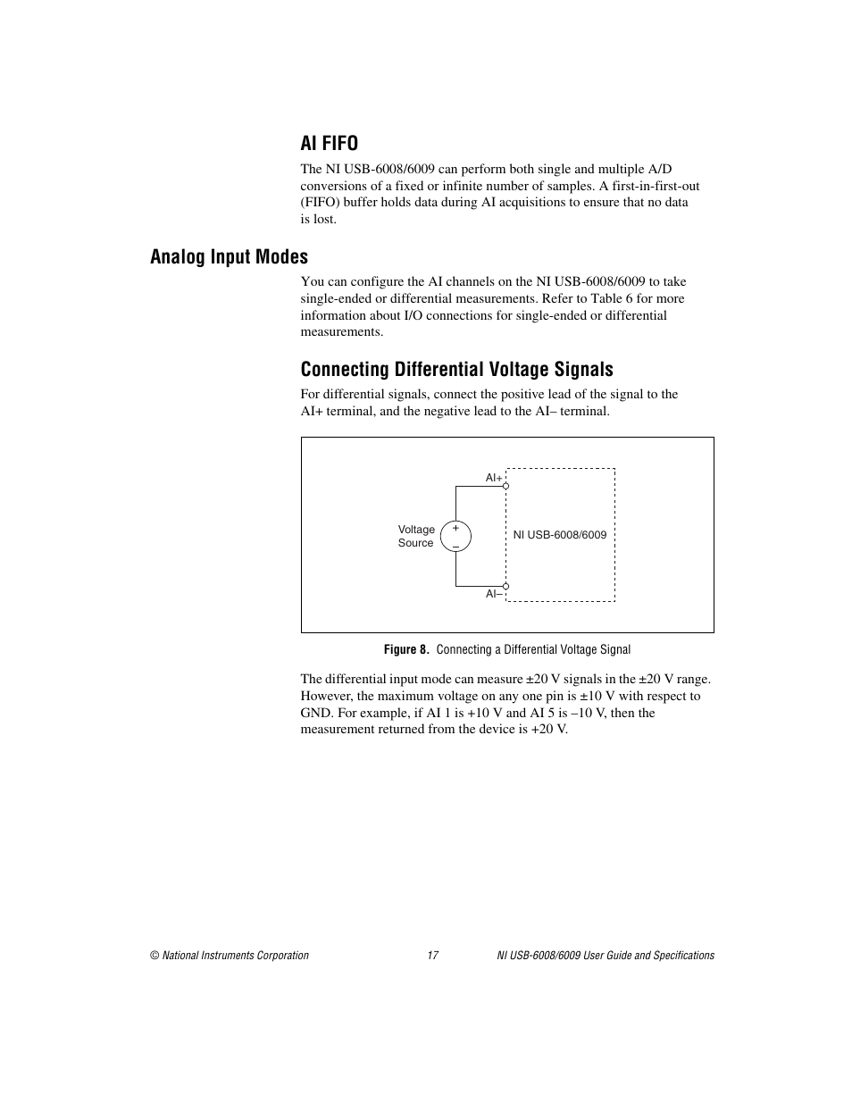 Ai fifo, Analog input modes, Connecting differential voltage signals | Figure 8. connecting a differential voltage signal | National Instruments NI USB-6008/6009 User Manual | Page 17 / 32